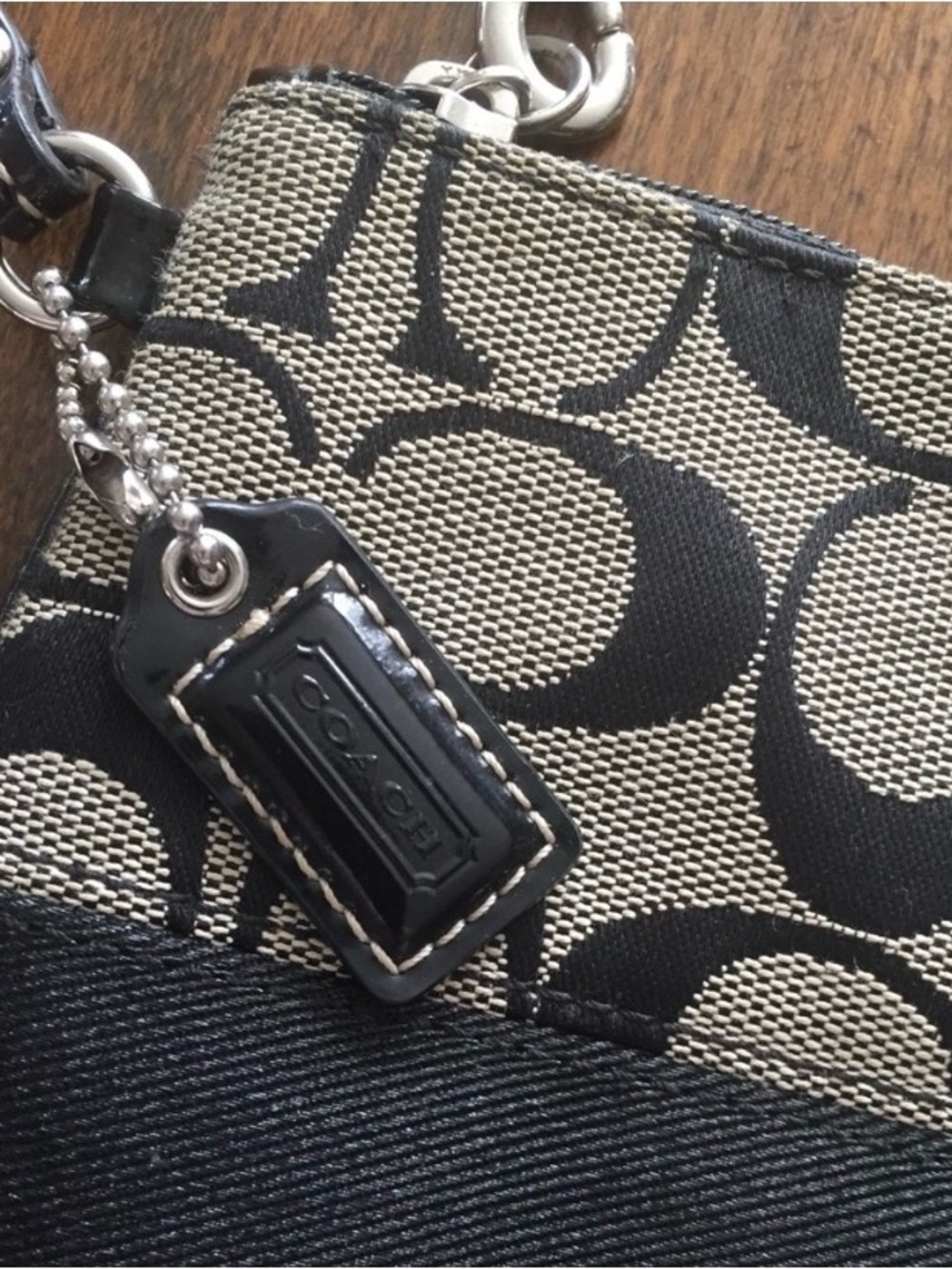 Coach Black & Khaki Signature Jacquard Wristlet.